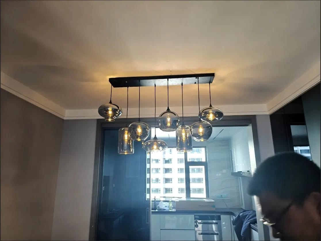 Customer photo review of Bottle Pendant Light, Hand-Blown Smoke Gray Glass, Black, E27