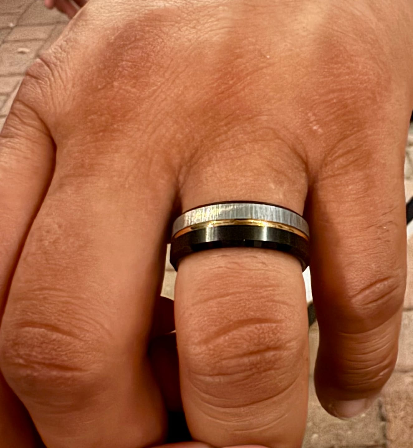 Customer photo review of 8MM - Black & Rose Gold Tungsten Ring Matte Finish Brushed Laser Horizontal Grain