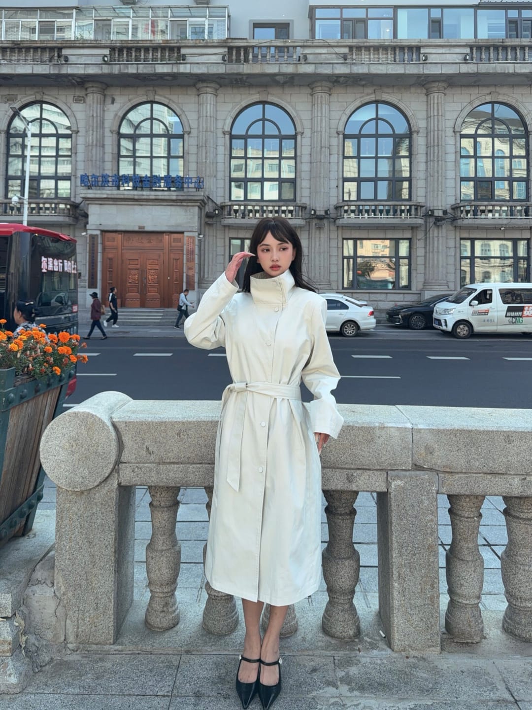 Customer photo review of Hydrae Ivory High-Neck Belted Longline Trench Coat with Sculpted Raglan Seams
