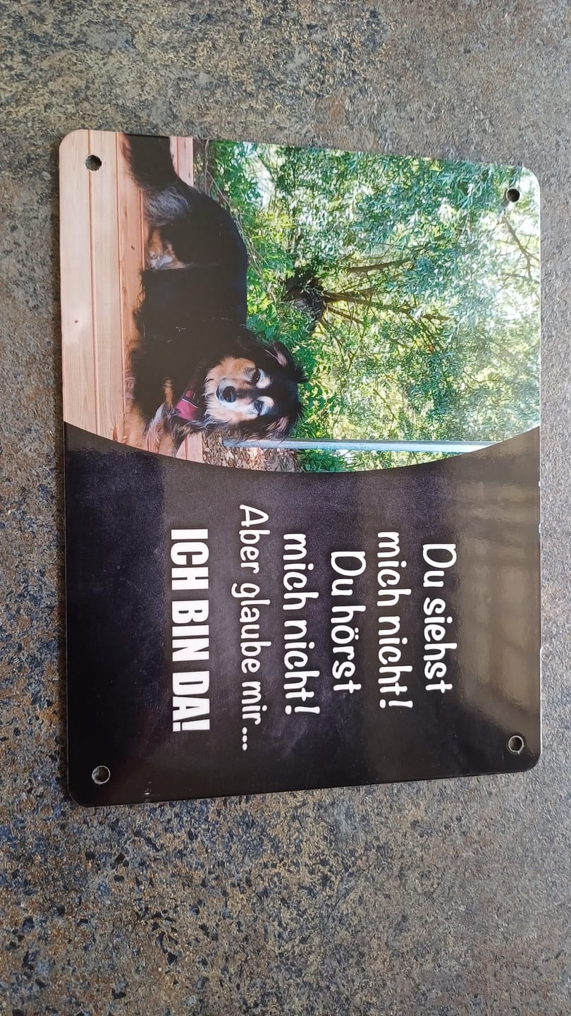 Customer photo review of Hunde-Türschild personalisiert mit Foto & Text (UV- und wetterfest)