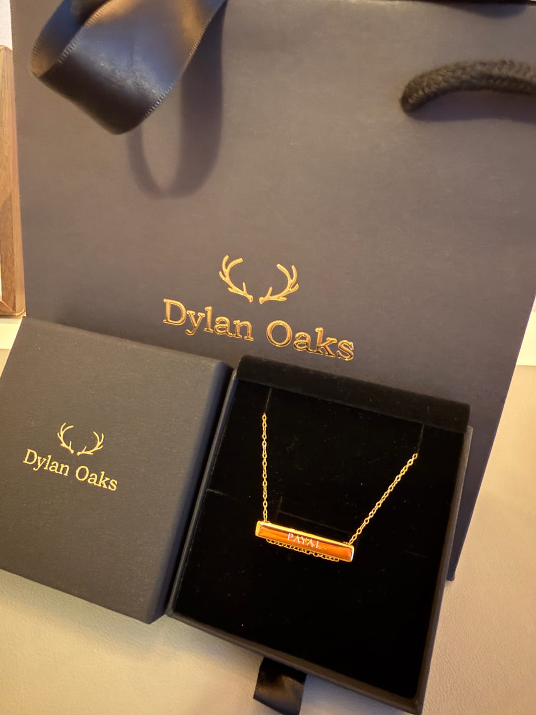 Customer photo review of 3cm Letter Bar Necklace in Gold Horizontal