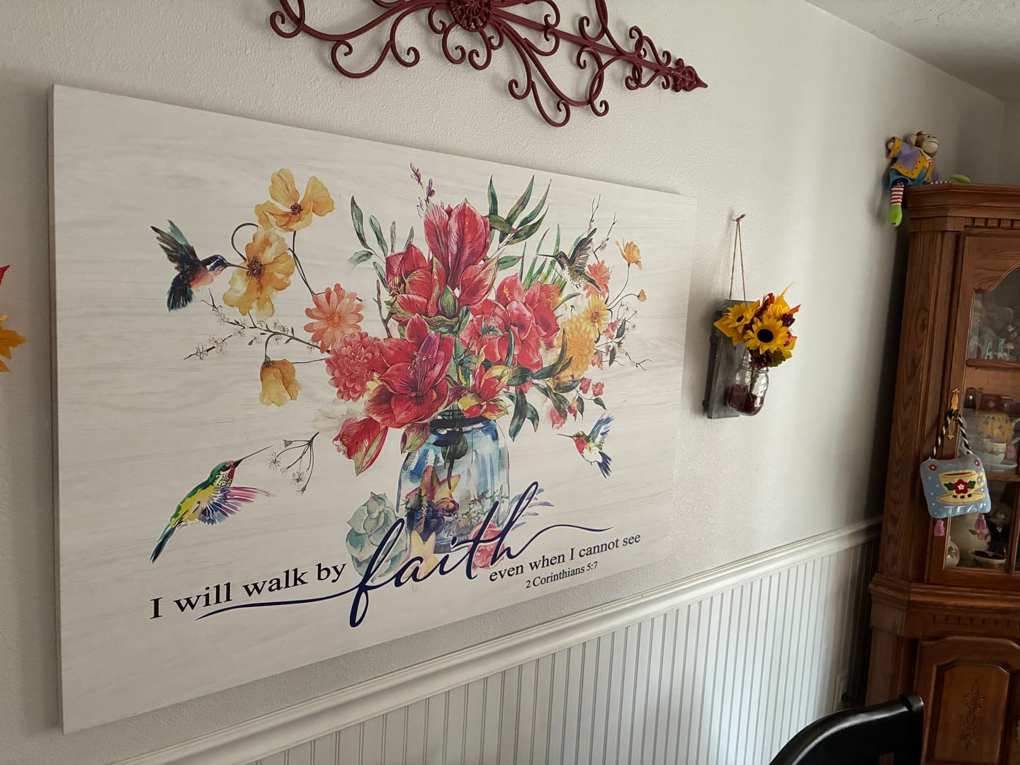 Customer photo review of I Will Walk by Faith Even When I Cannot See, Flowers and Hummingbirds, Wall Art Canvas