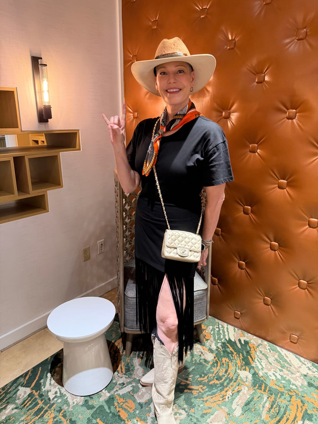 Customer photo review of The Bright Orange Cowgirl Scarf 24in