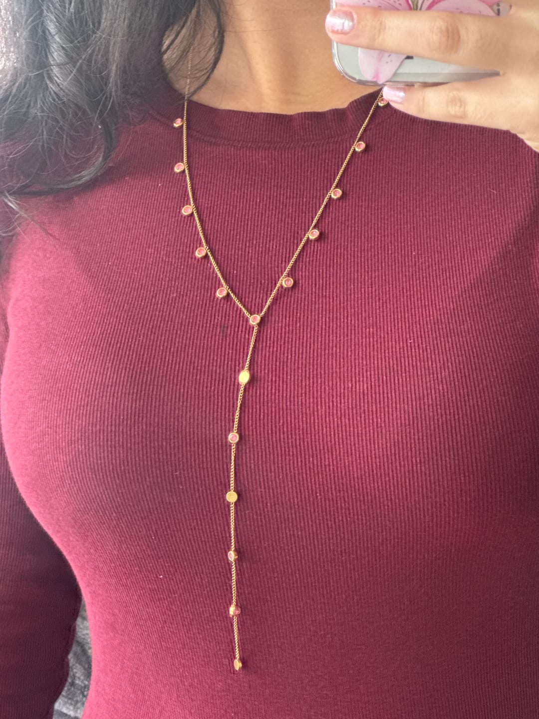 Customer photo review of India Gold Pink Droplet Necklace