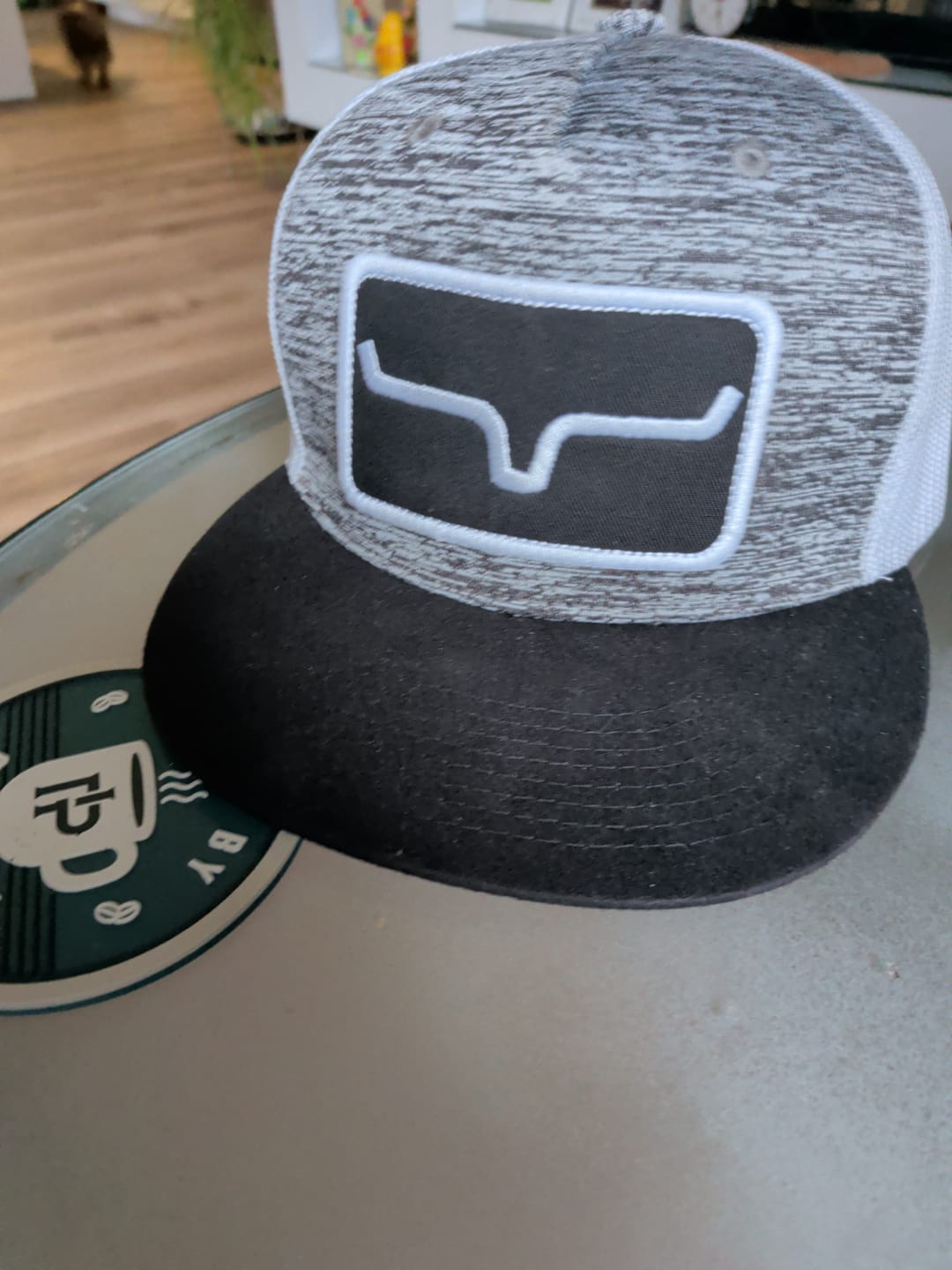 Customer photo review of Kimes Ranch Banner Ventilated Trucker Hat in Grey Heather