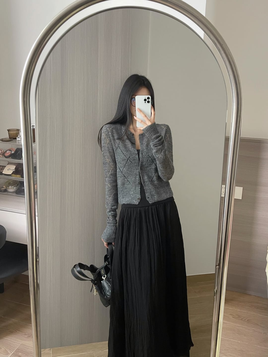 Customer photo review of IAMXIAA Sheer Argyle Fuzzy Knit Cardigan