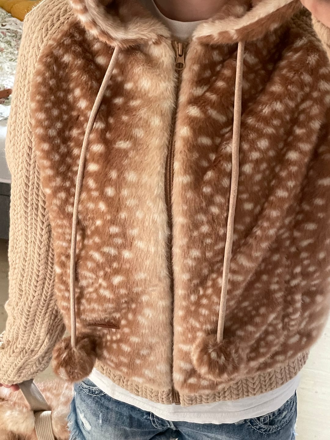 Customer photo review of [Rose Island] Fairy Spirit Deer In Flower Field Faux Fur Hoodie with Zipper