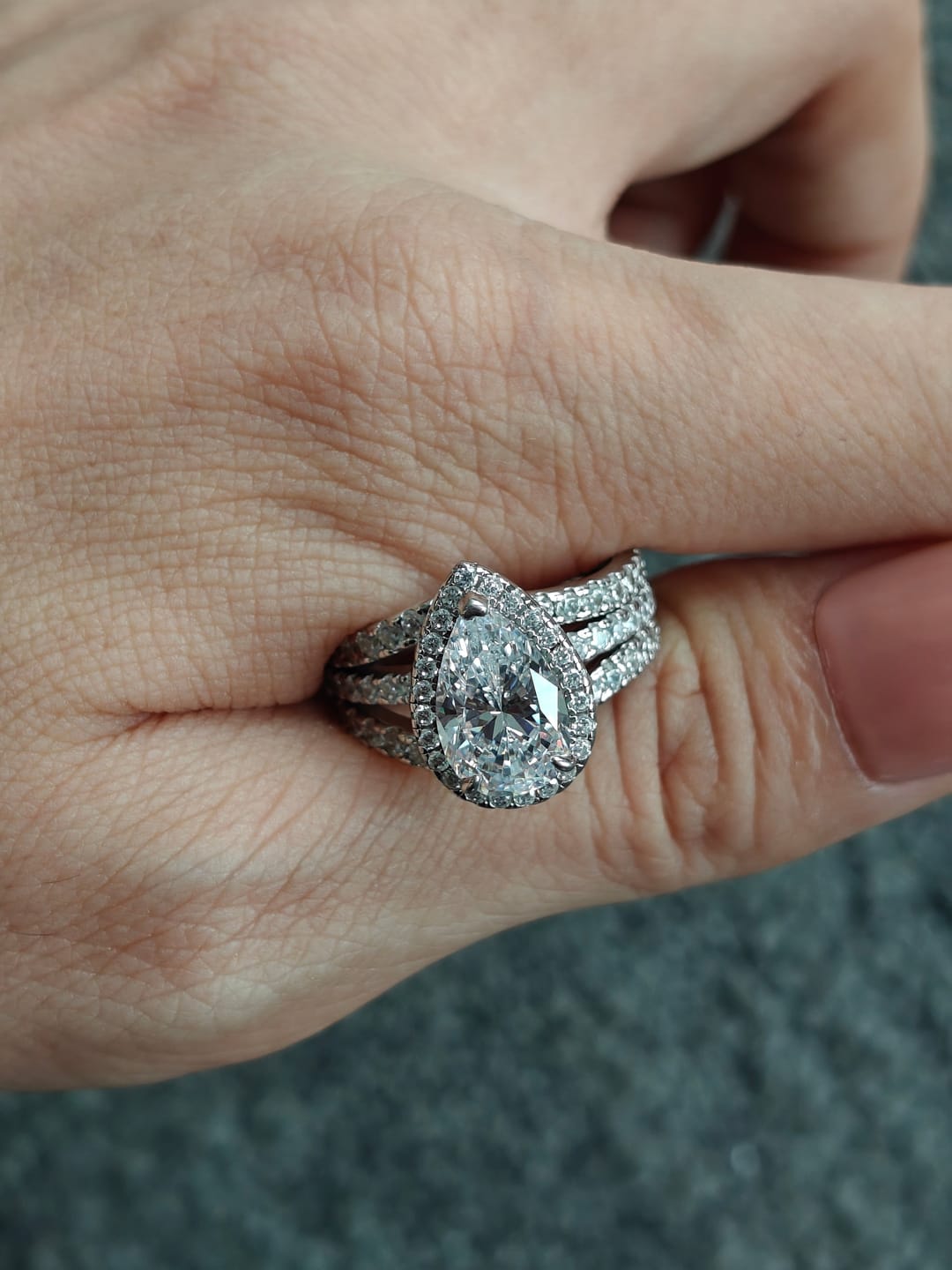 Customer photo review of 2.2Ct Halo Pear Cut Insert Wedding Ring Set With Engagement Ring Enhancer