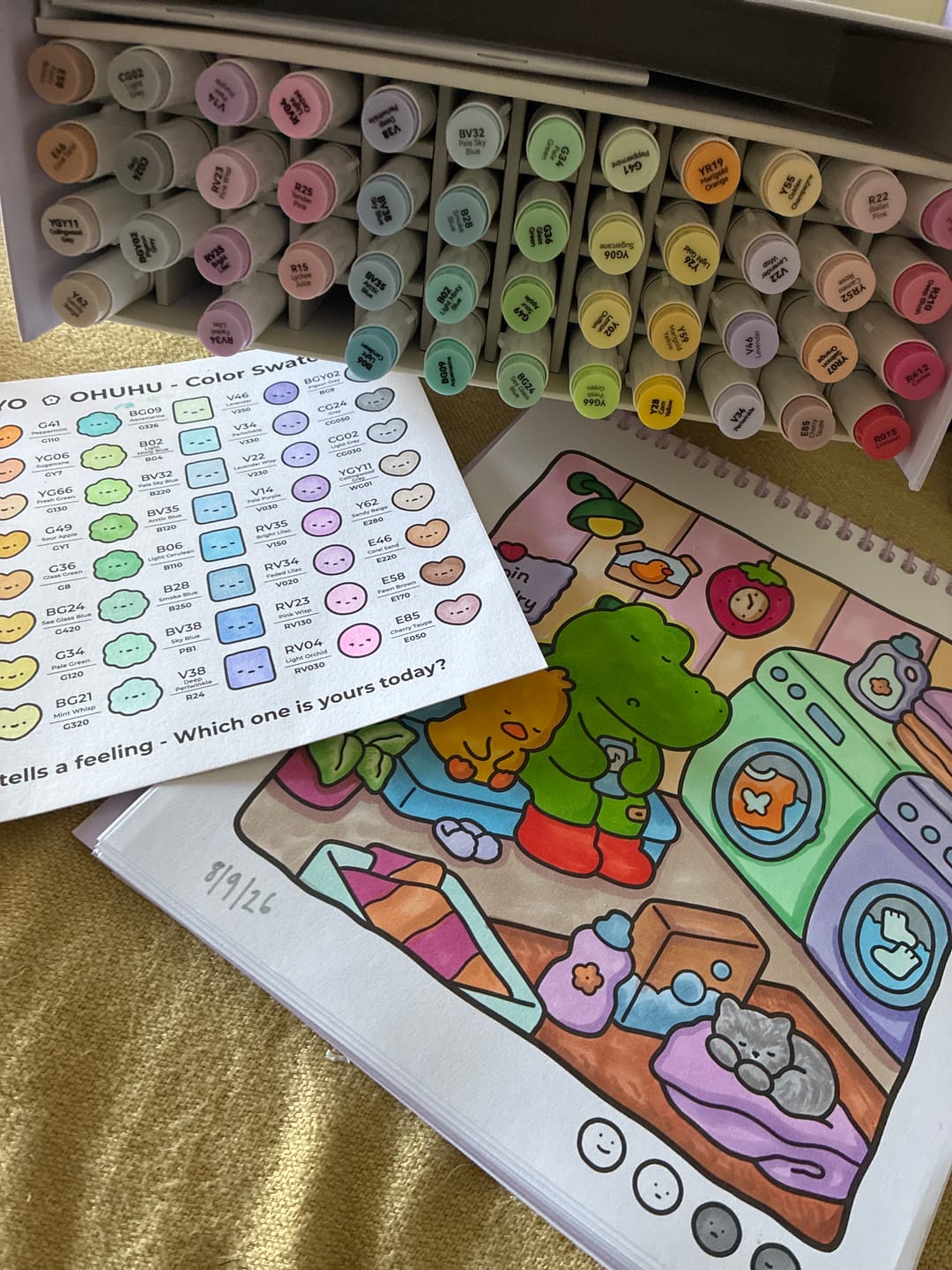 Customer photo review of Ohuhu x Coco Wyo Cozy Mood Coloring Kit, Honolulu B 48 Colors Alcohol Markers with Brush & Fine Dual Tips, Coloring Book with Mood Tracker Pages