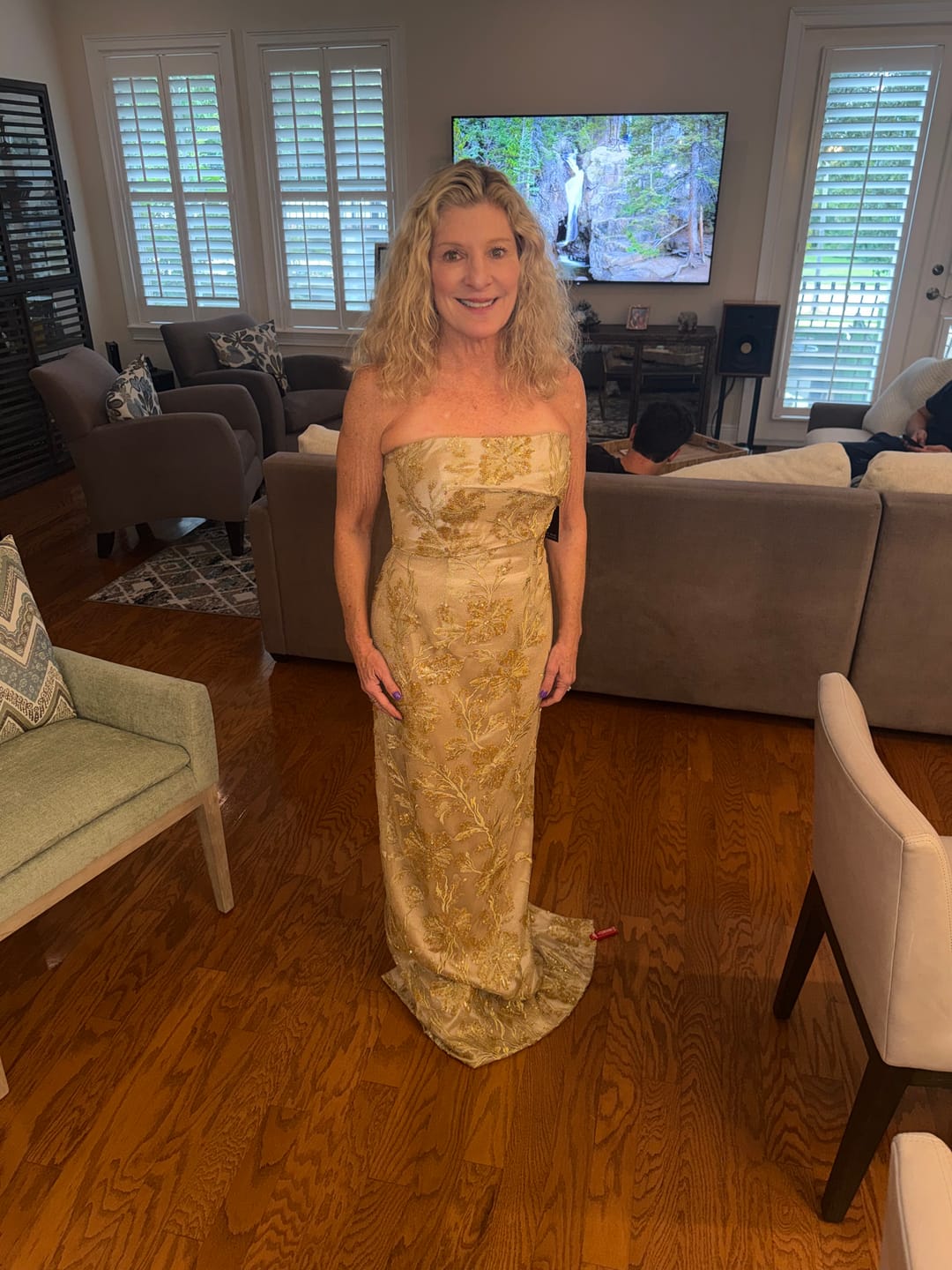Customer photo review of Embellished Floral Strapless Column Gown