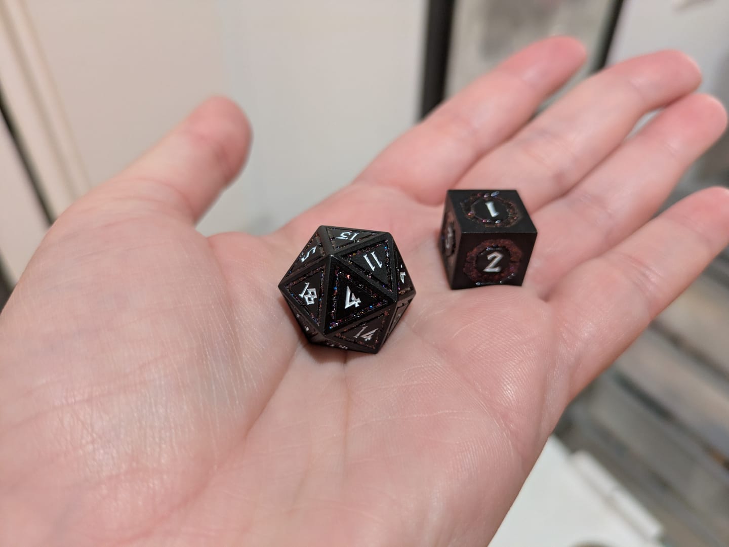 Customer photo review of PRE-ORDER || Cleric's Shadow Domain Purple And Matte Black Metal Dice Set