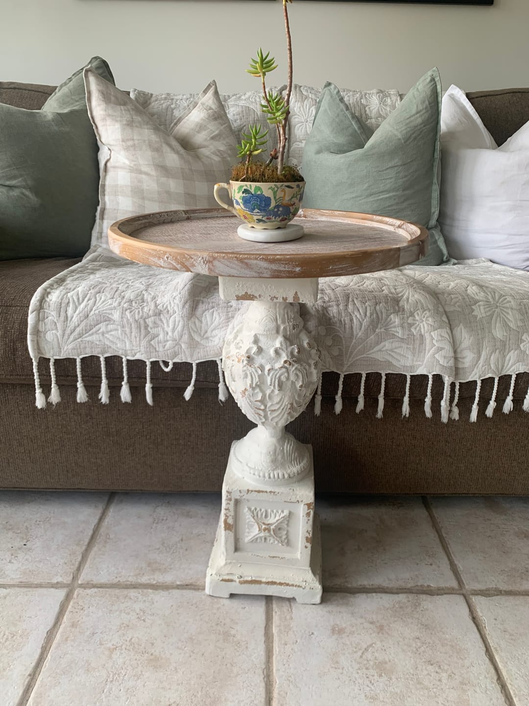 Customer photo review of Catherine French Provincial Pedestal Side Table, Round Fir Top and Antique White Base 63cm