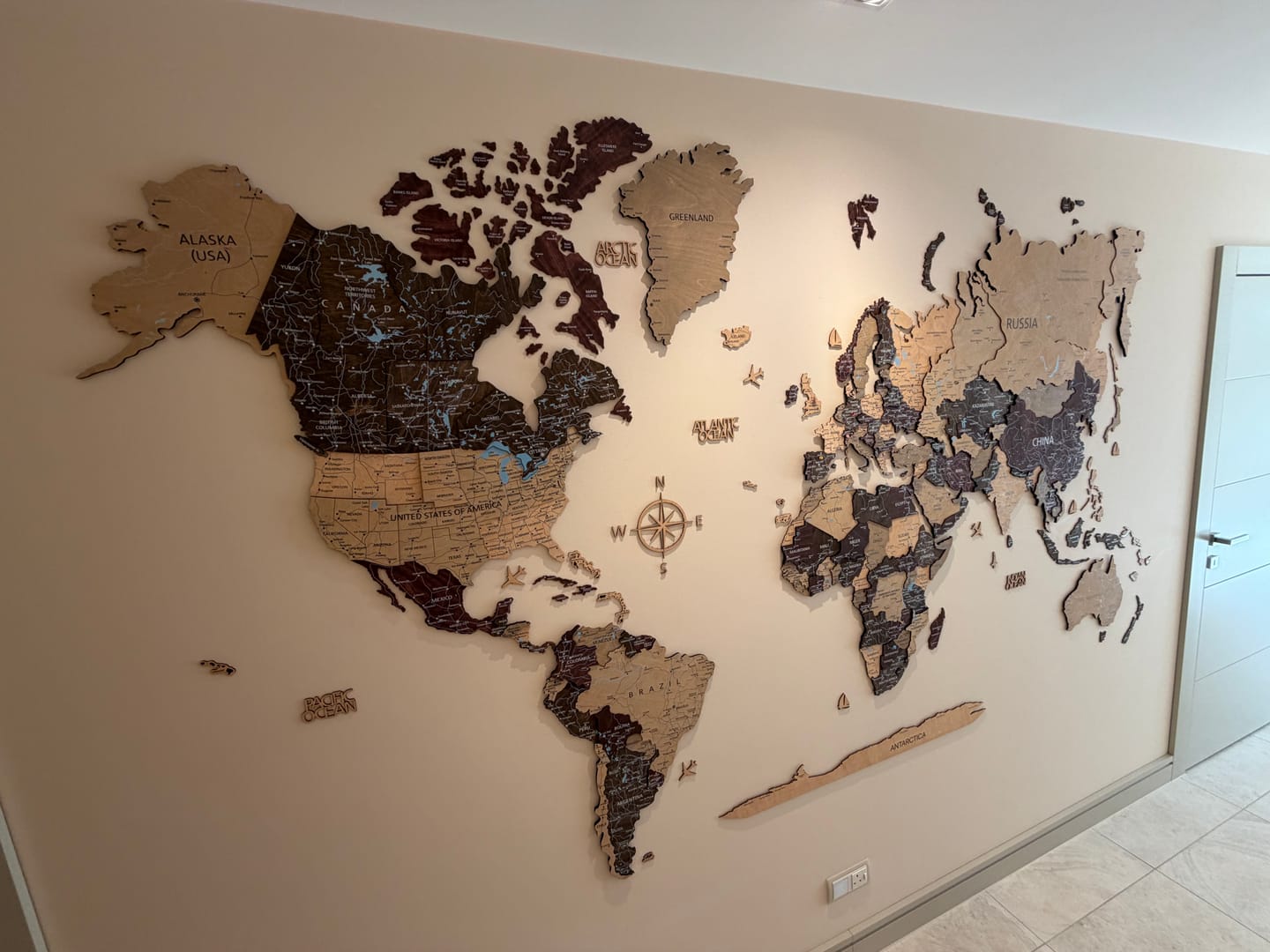 Customer photo review of 3D Wood World Map Wall Decor - Cherry