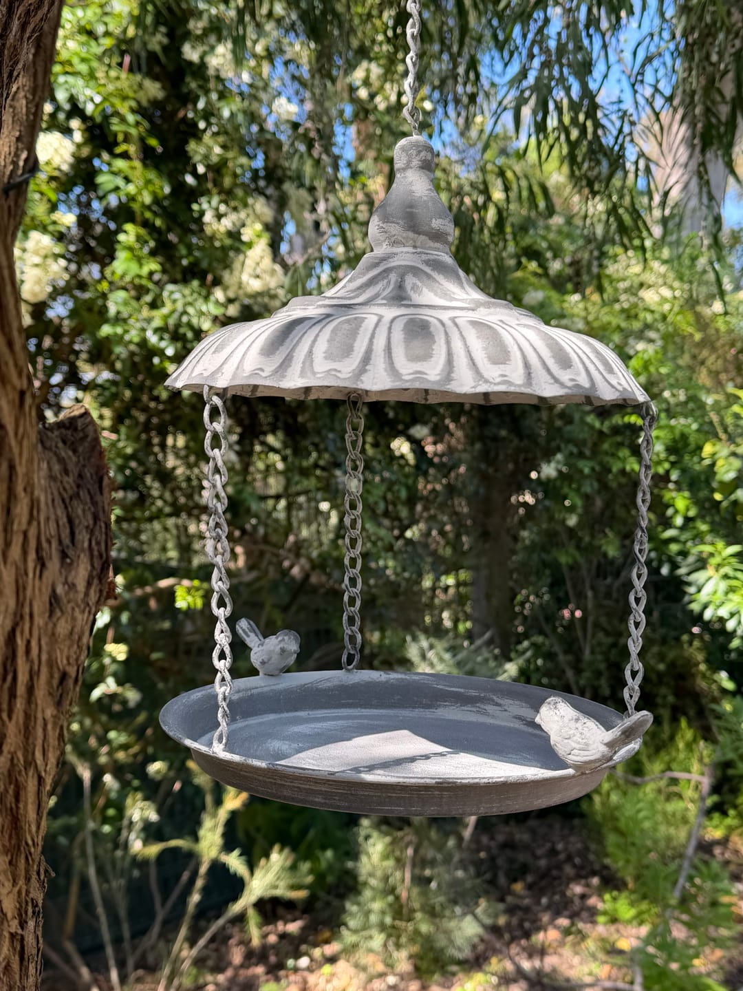 Customer photo review of Dannielle French Provincial Hanging Bird Feeder, Whitewashed Grey Roof with Perched Birds