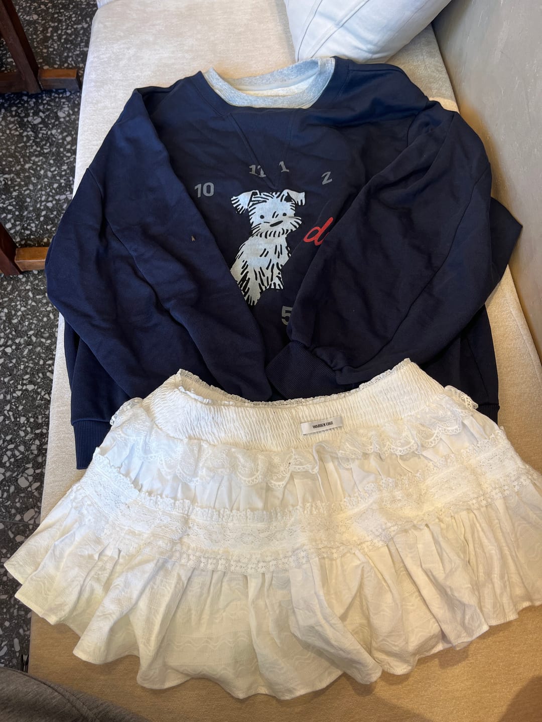 Customer photo review of WARDEN EDGE Off Duty Graphic Sweatshirt & Lace Ruffle Mini Skirt Set