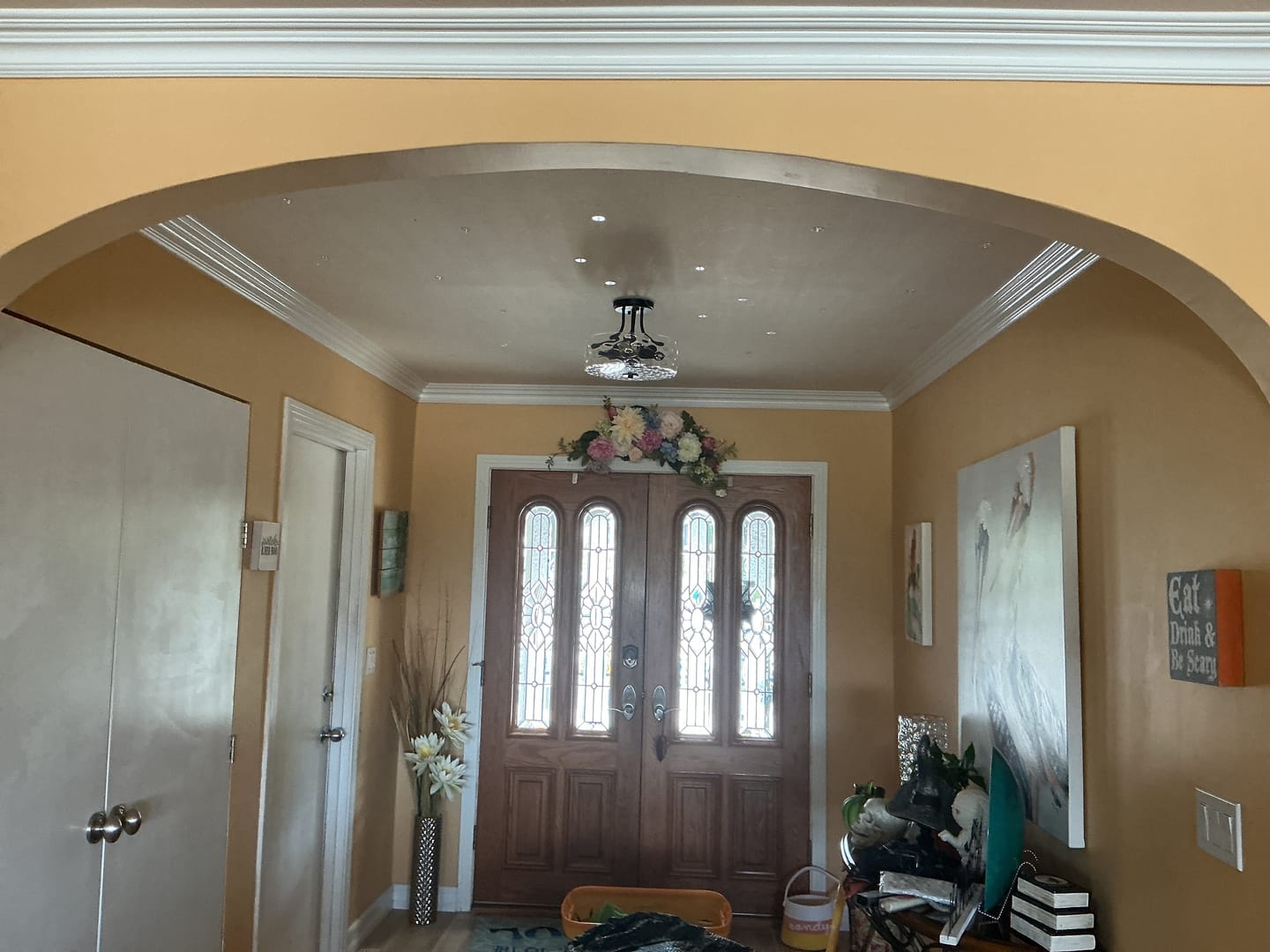 Customer photo review of Round Drum Hammered Glass Semi Flush Mount