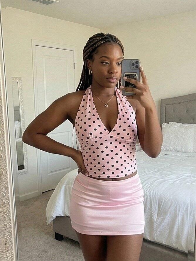 Customer photo review of Sweetheart Pink Polka Dot Halter Top & Mini Skirt Set