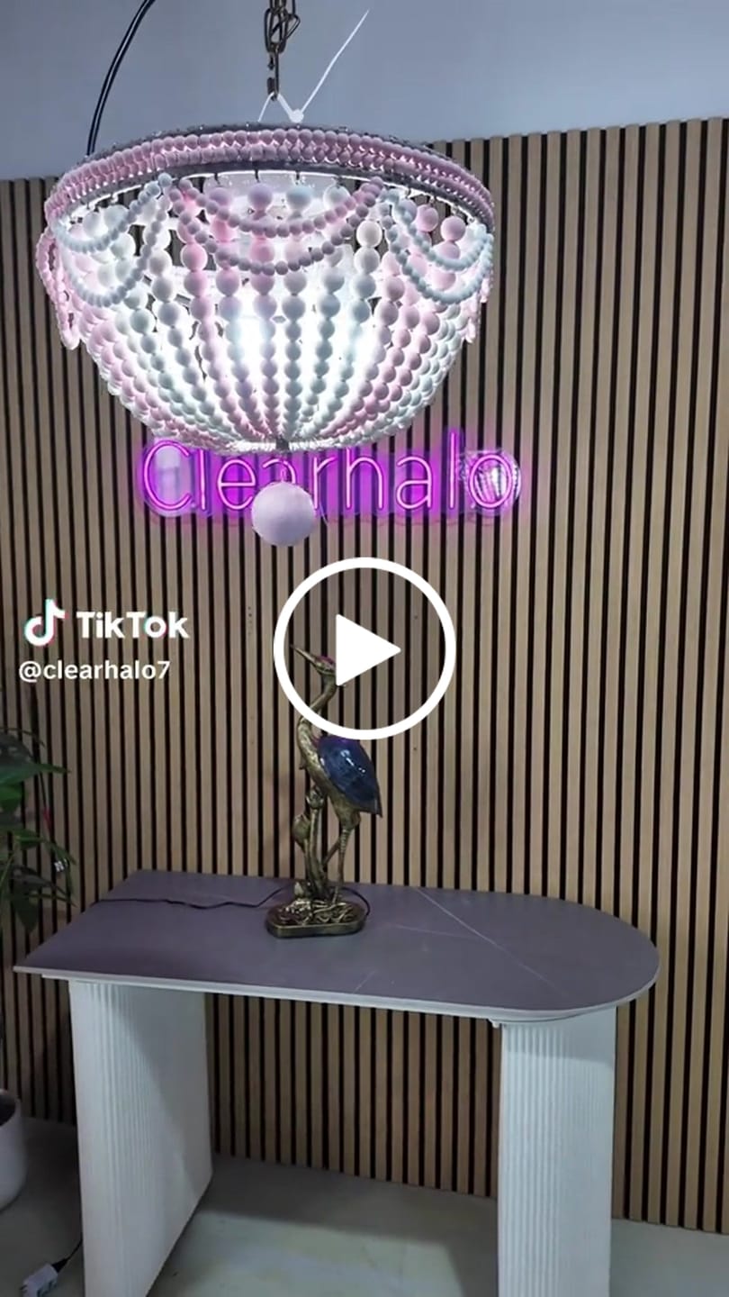 Customer video review of Wood Beaded Dome Flushmount Rustic 3 Bulbs Dining Table Ceiling Mount Chandelier in Pink/White/Blue