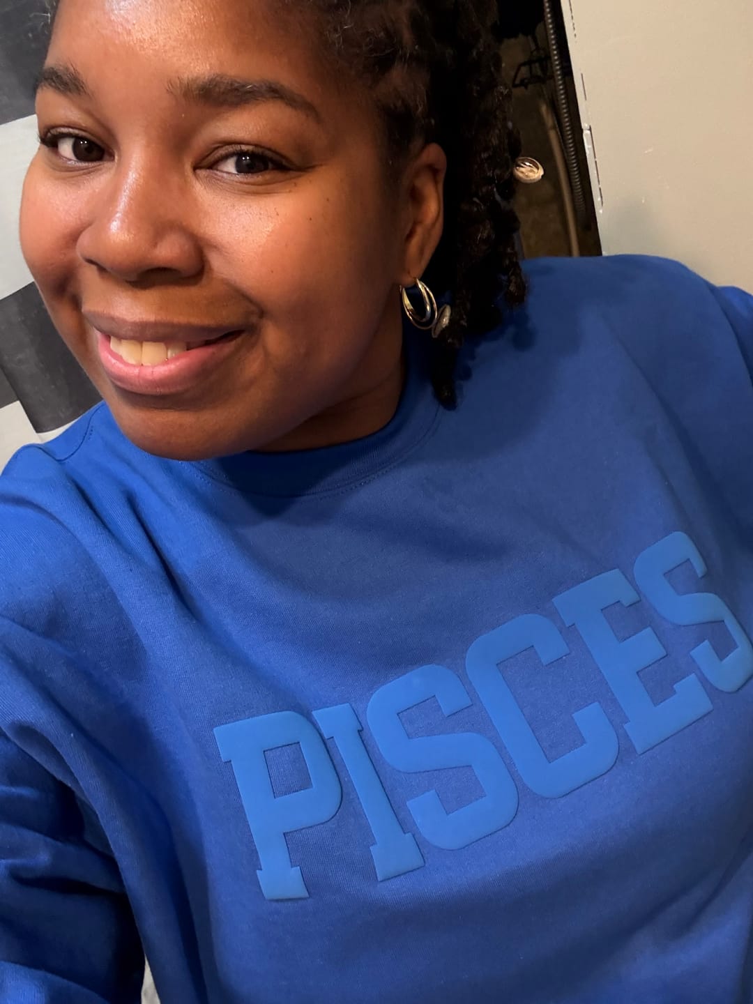 Customer photo review of Royal Blue Zodiac Puff Print Crewneck