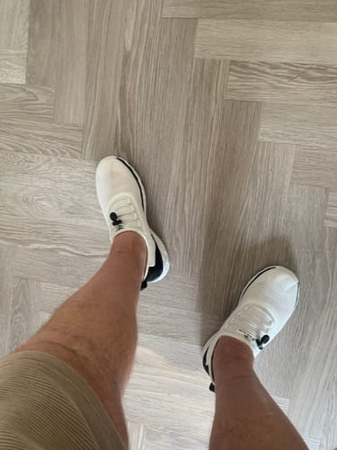 Customer's Aleader Xdrain Crew shoes shown from above while worn on a wooden floor.