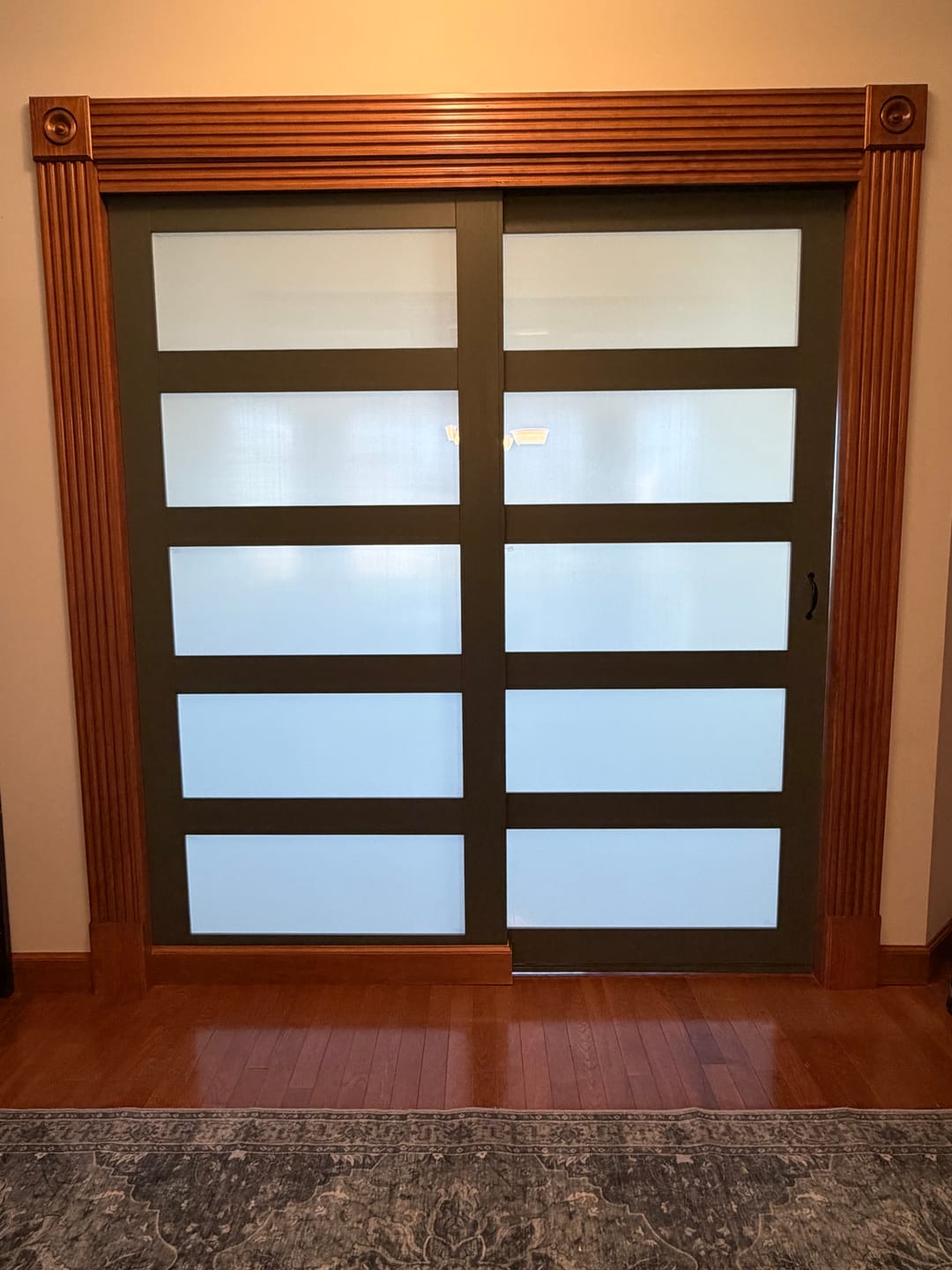 Customer photo review of TENONER White MDF 5-Lite Frosted Glass Single/Double Sliding Closet Door for Bedroom, and Living Room - Easy Assembly