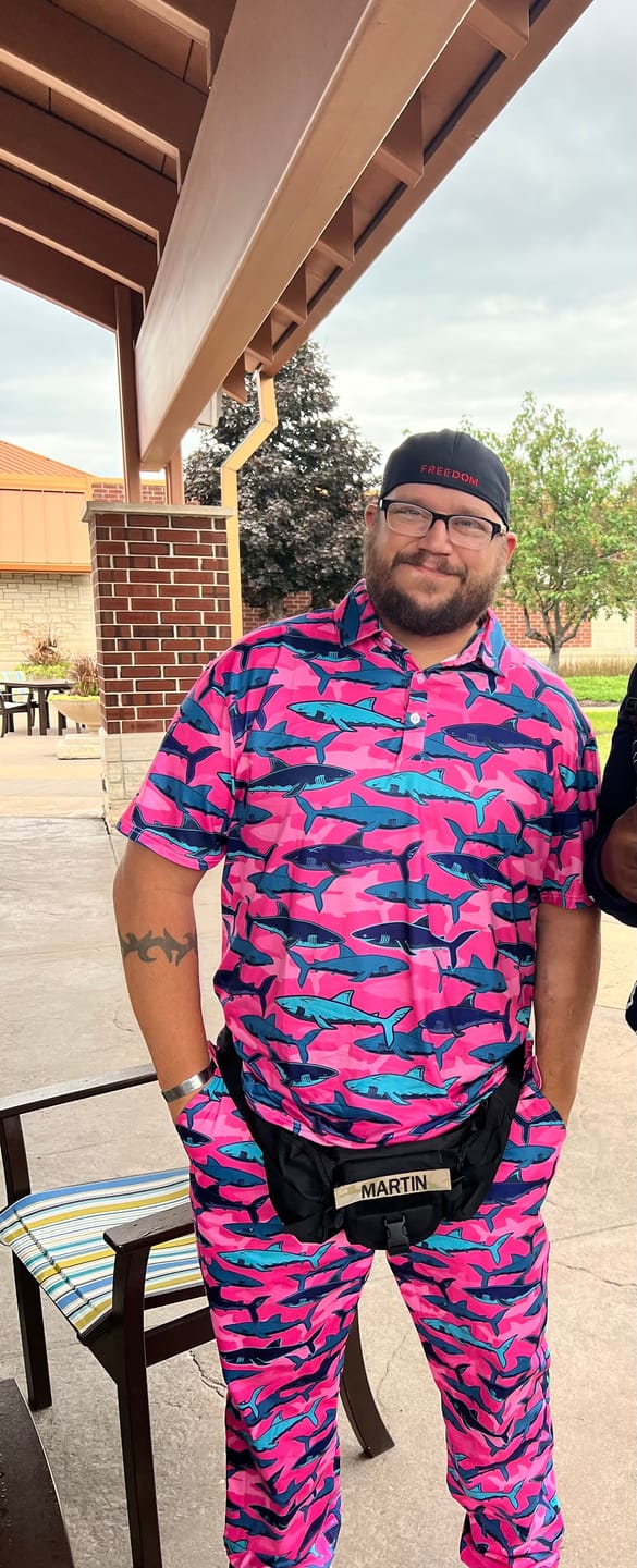 Customer photo review of Men's Golf Set Polo+Pants  Electric Sharks Pink polo