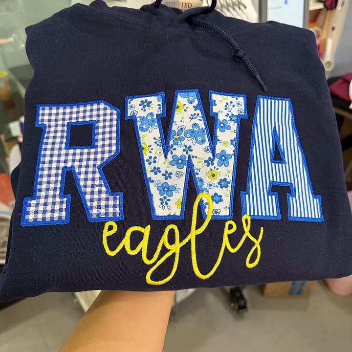 Customer photo review of Custom Patchwork Fabric Embroidered Sweatshirt Team and School Name Applique Varsity Letters