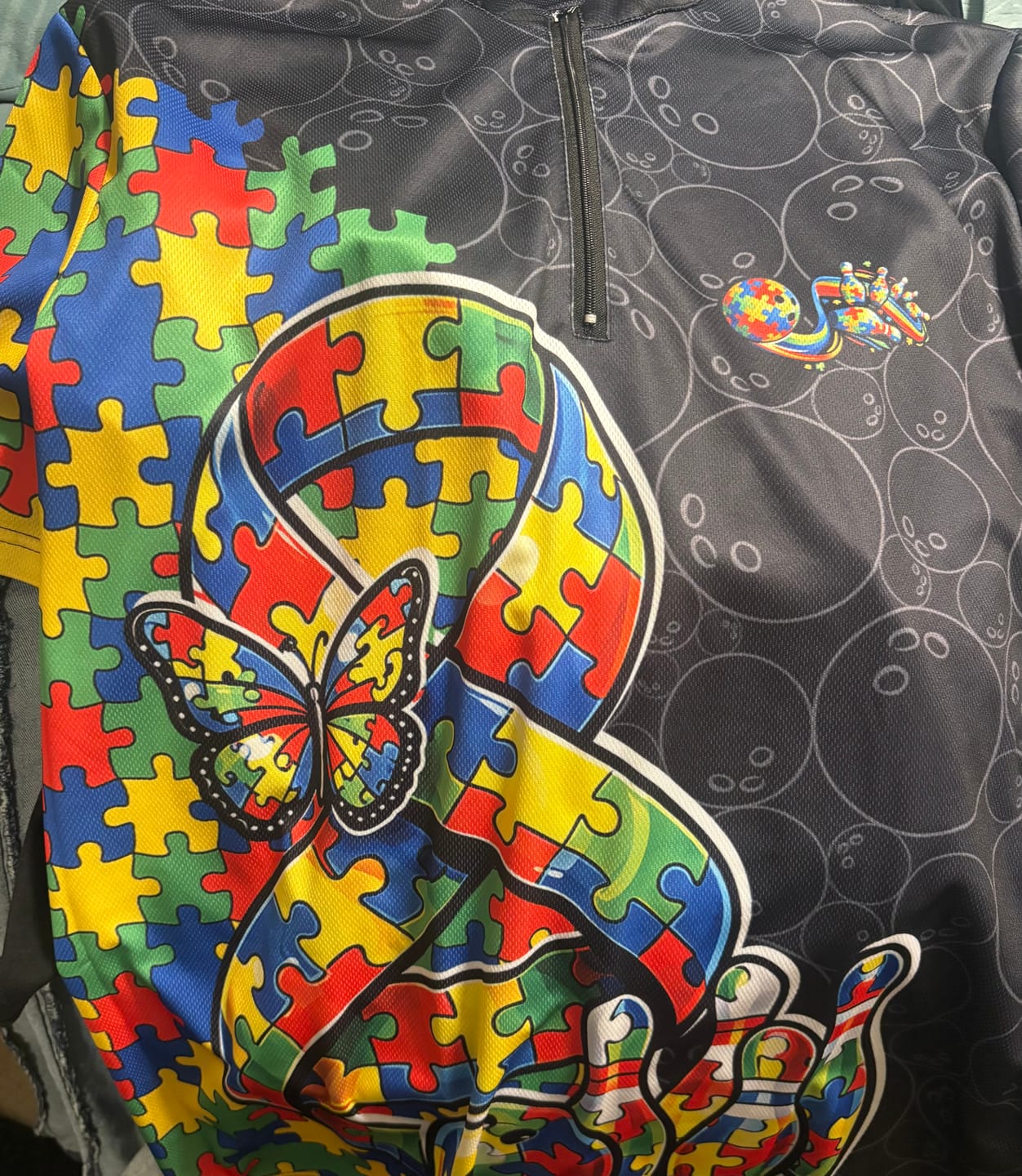 Customer photo review of Custom Colorful Autism Awareness Butterfly Ribbon Bowling Men Shirt, Puzzles Jersey IPHW11202
