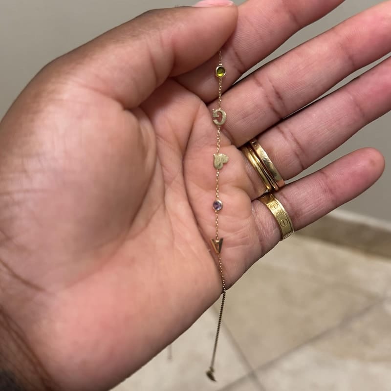 Customer photo review of 14K Gold Sideways Birthstone and Letter Necklace
