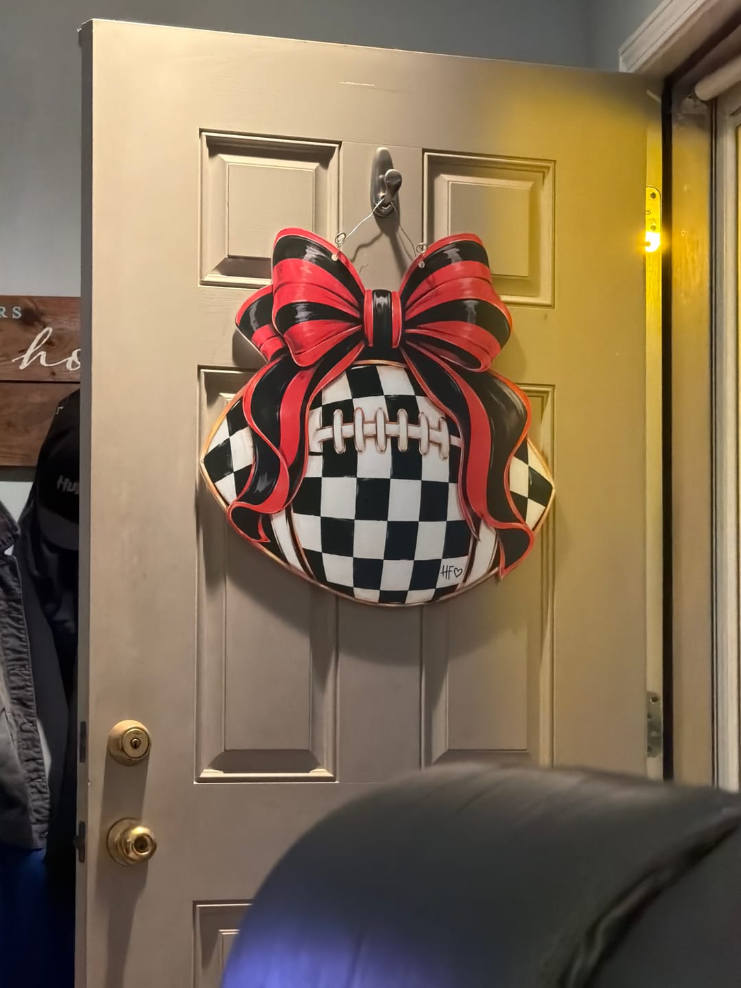 Customer photo review of Checkered Football Bows Red Black Door Hanger