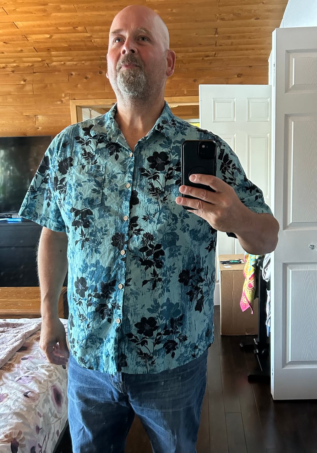 Customer photo review of Men’s Summer Beach Vintage Light Blue Floral Cotton Casual Breathable Short Sleeve Shirt