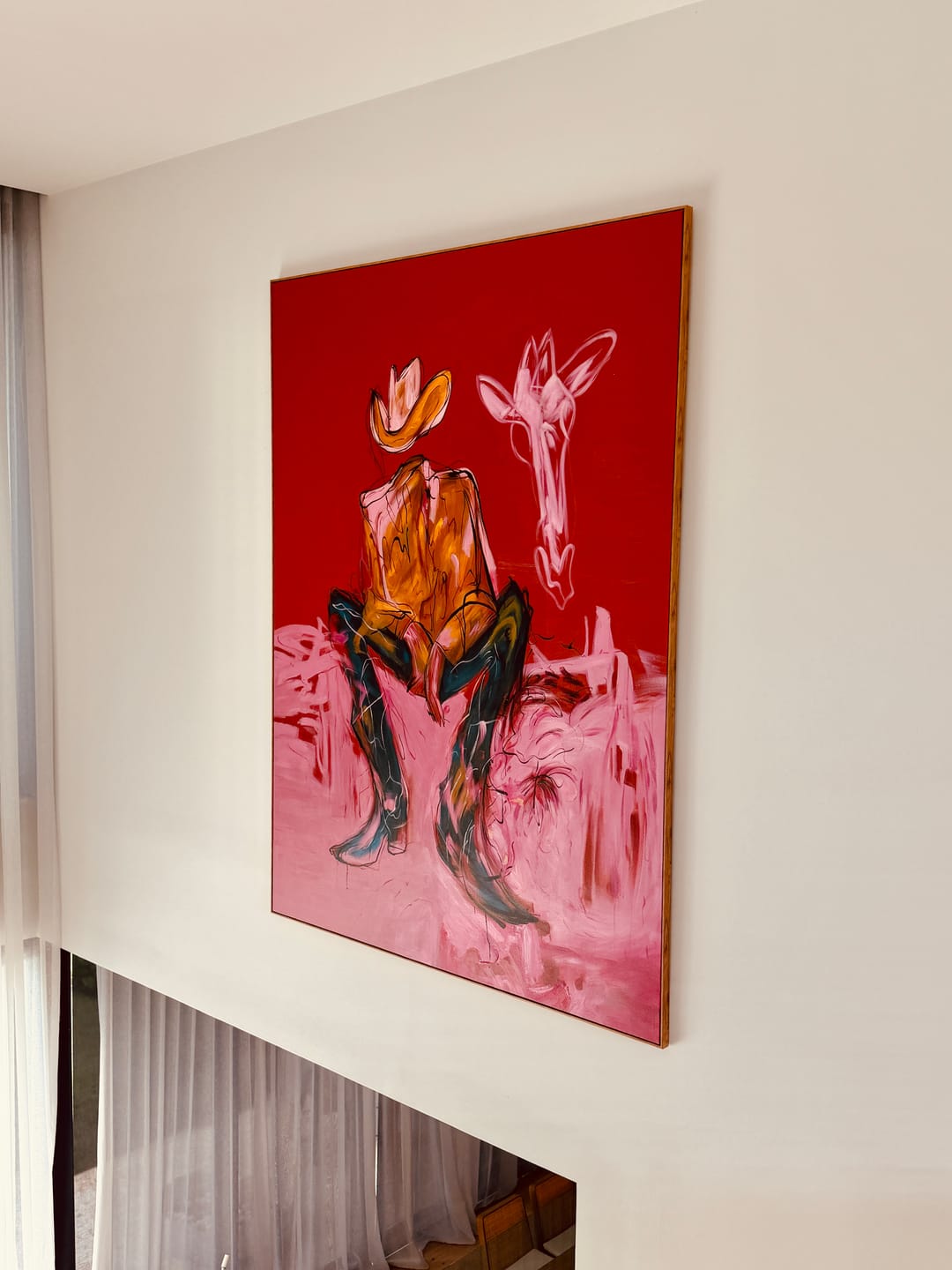 Customer photo review of Long Neck Wanderer – Cowboy & Giraffe Painting | Vintage Americana Vertical Art