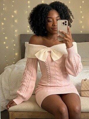 Customer photo review of Romantic Off-the-Shoulder Cable Knit Mini Dress