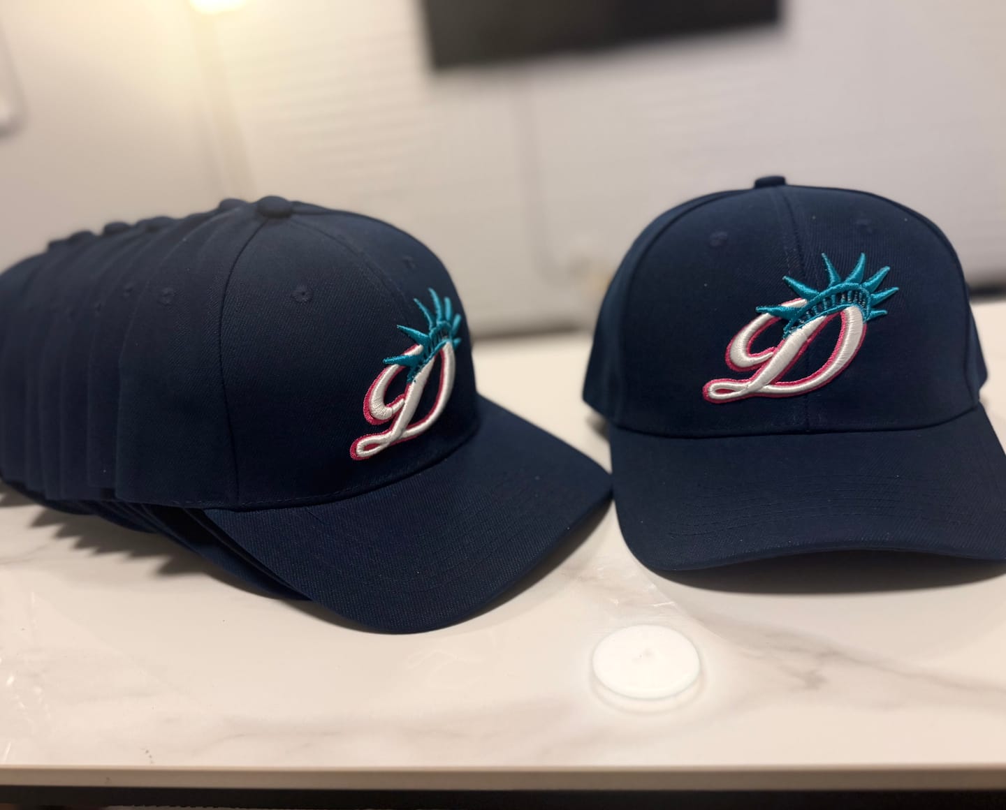 Customer photo review of Custom Navy Royal-White 3D Puff Embroidery Flat Embroidery Curved Eaves Sport Design Baseball Cap