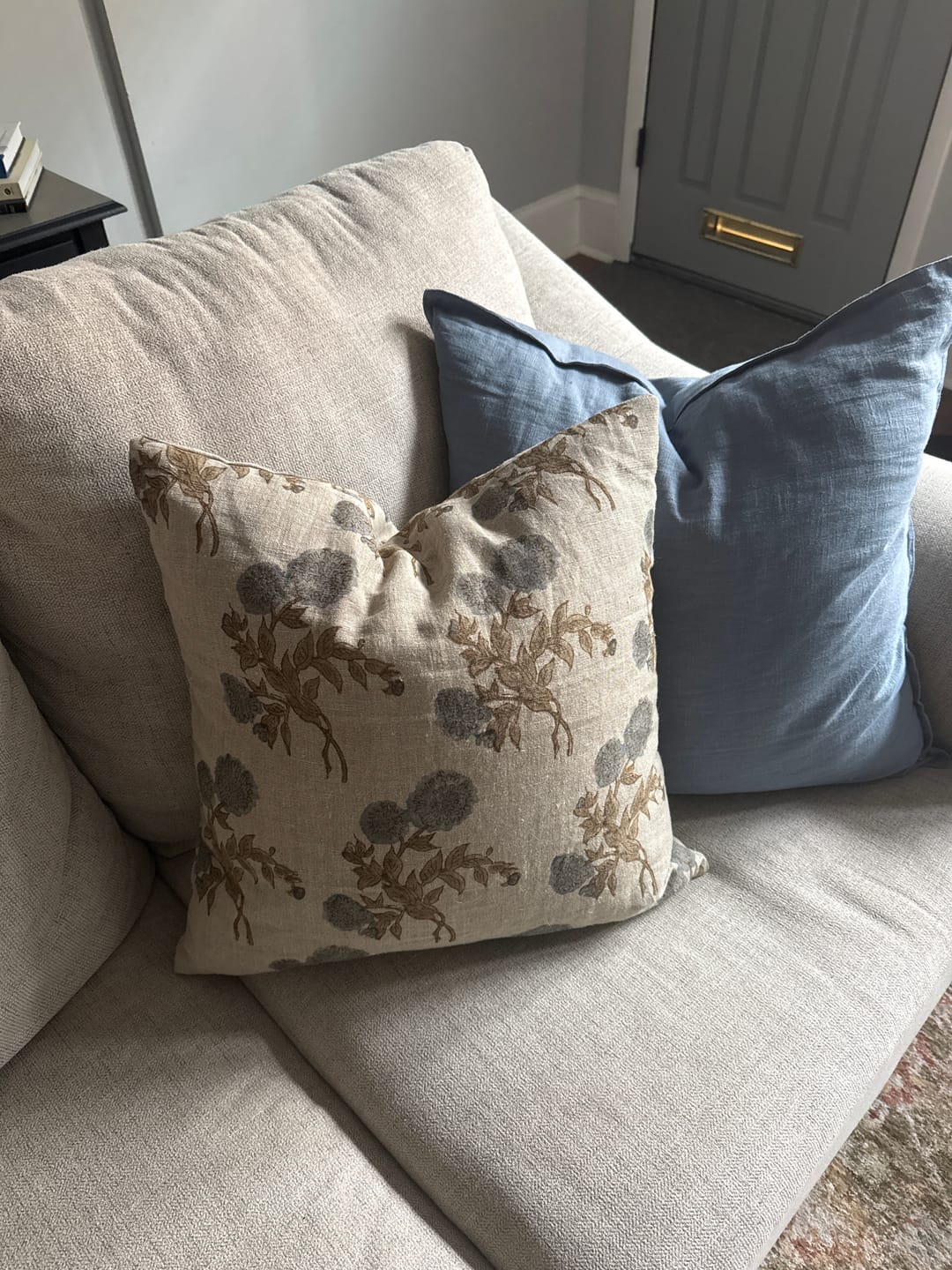 Customer photo review of Indian Block Print Pillow Cover - Natural, Mushroom, Flax, Slate Blue, Olive Brown Floral