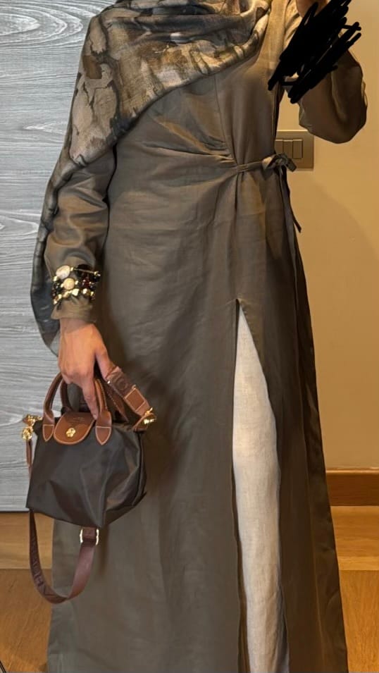 Customer photo review of Black Linen Cotton Ruched Slit Dress