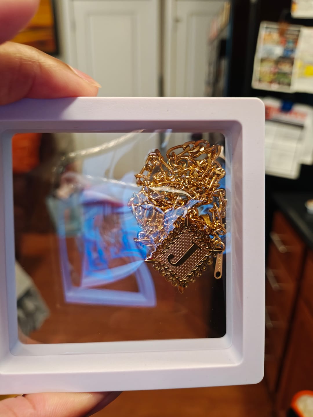 Customer photo review of Embossed Initial Necklace w/ Figaro Chain