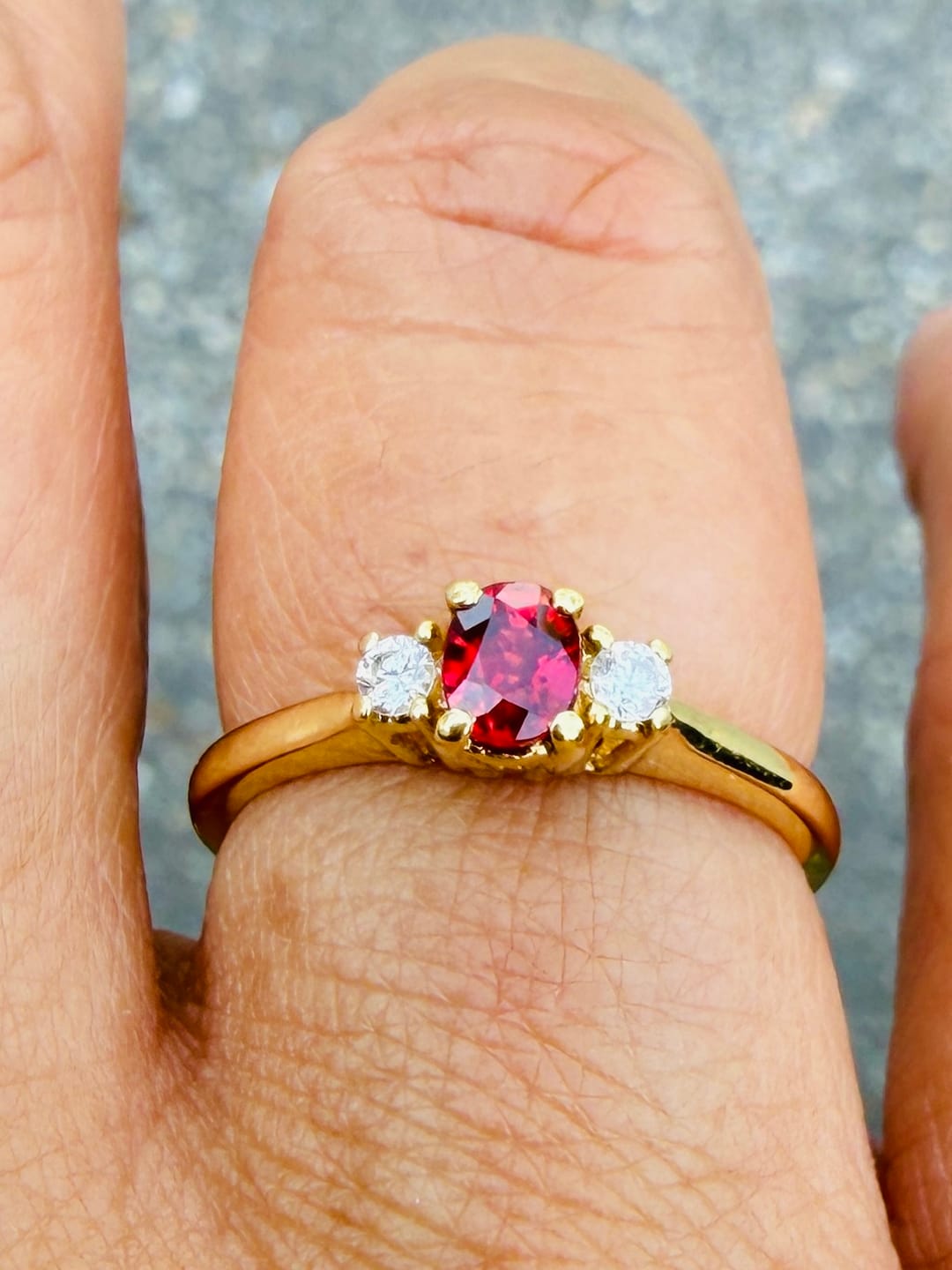 Customer photo review of Vintage 18k Yellow Gold Ruby Diamond Classic Sparkling Trio Ring 6.25