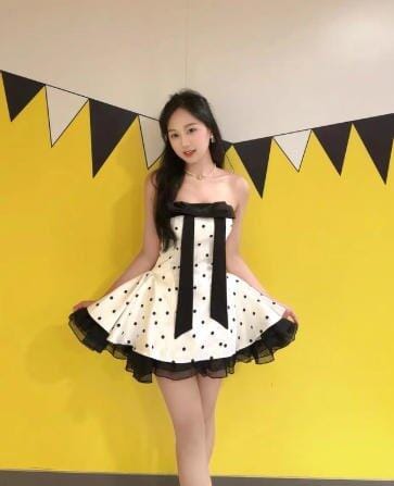 Customer photo review of Polka Dot Dream Mini Dress – Black & White Ribbon Style