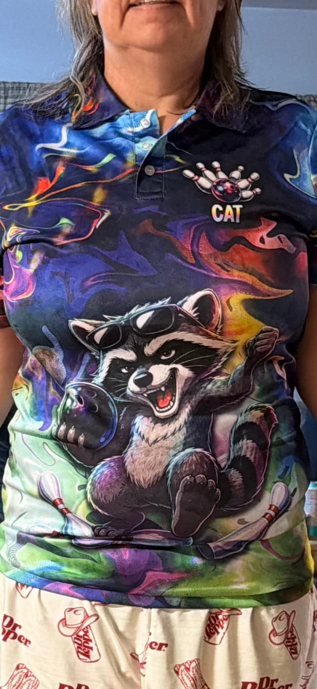 Customer photo review of Funny Raccoon Neon Colorful Bowling Polo Quarter-Zip Shirt For Men Custom Bowling Tournament Jersey NYN3747