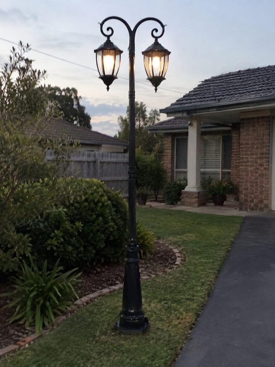 Customer photo review of Victorian Double Head Solar Coach Post Light – Antique Black Hexagonal Clear Glass Lantern