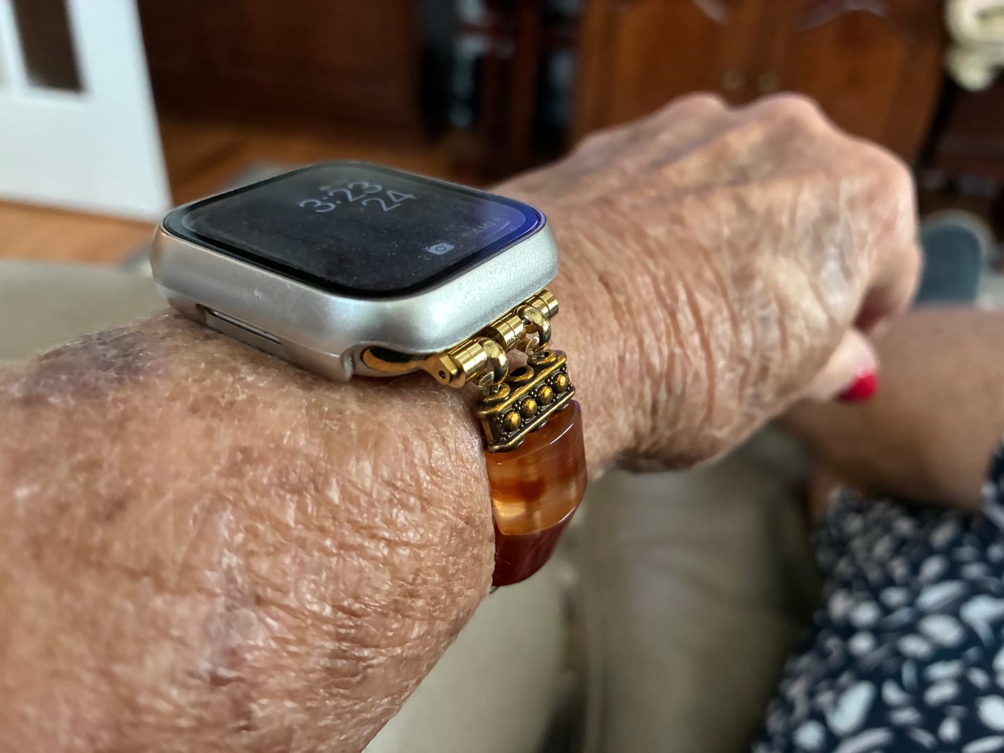 Customer photo review of Crimson Jasper Stretch Apple Watch Strap