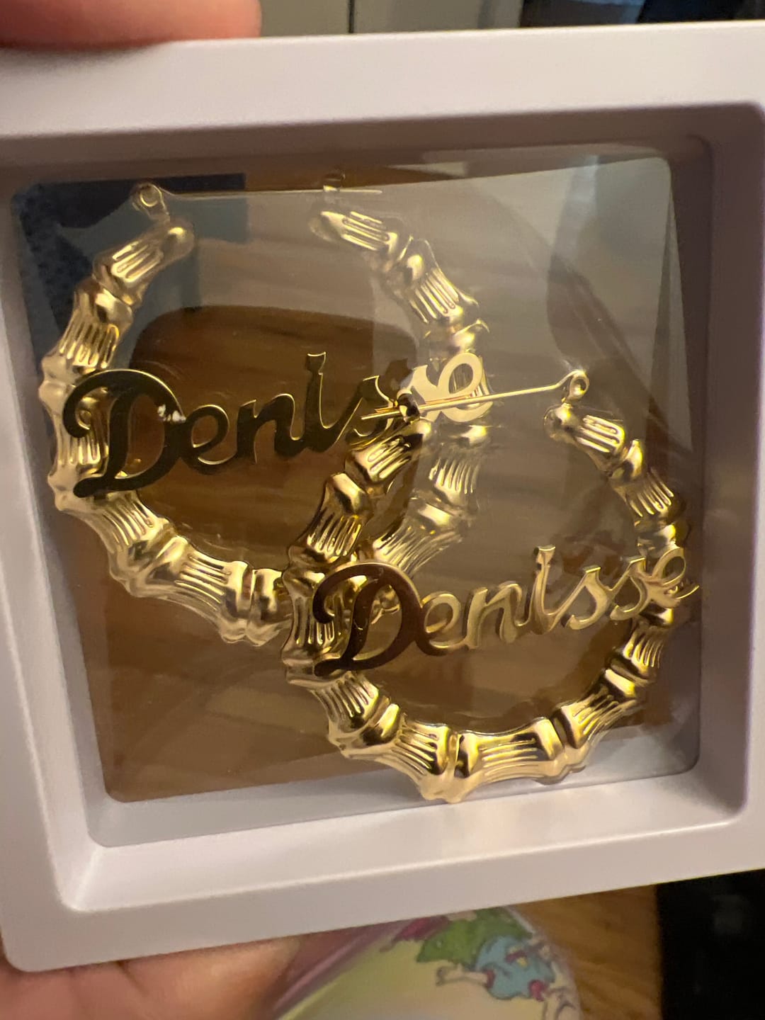 Customer photo review of Bamboo Name Hoop Earrings