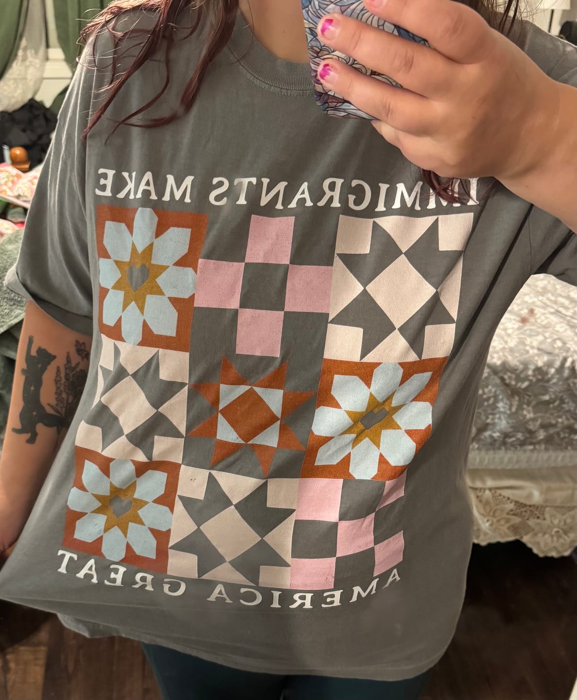 Customer photo review of Immigrants Make America Great Quilt Pattern Tee