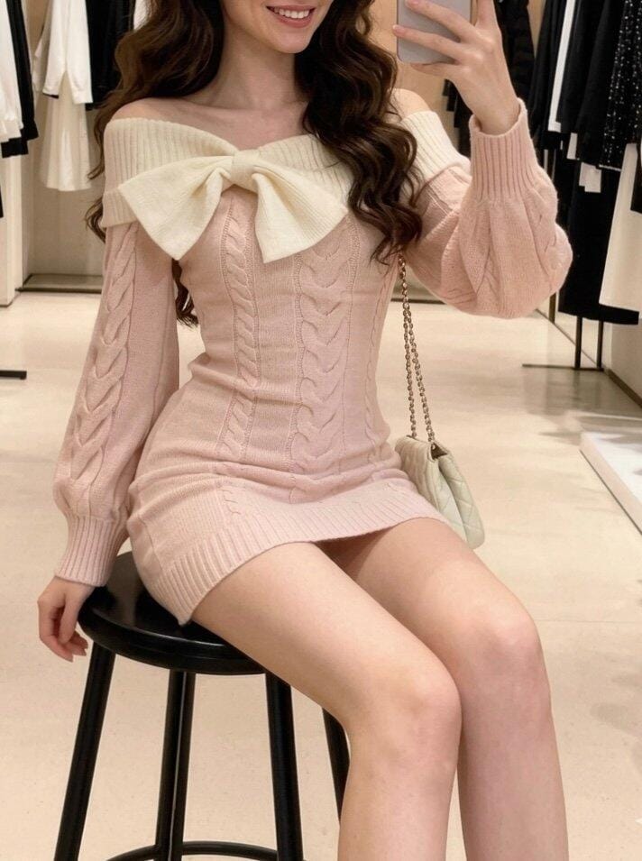 Customer photo review of Romantic Off-the-Shoulder Cable Knit Mini Dress