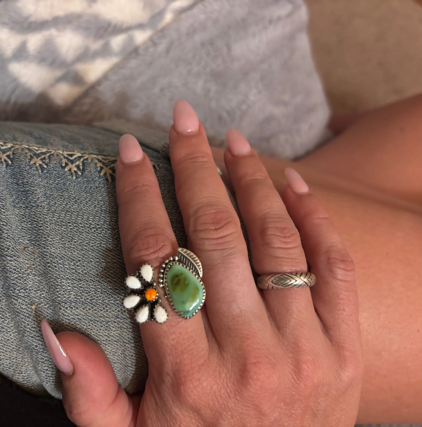 Customer photo review of Handmade Sterling Silver Spring Collection: Bumble Bee with Sonoran and White Buffalo Adjustable Ring "Signed Nizhoni" DAISY