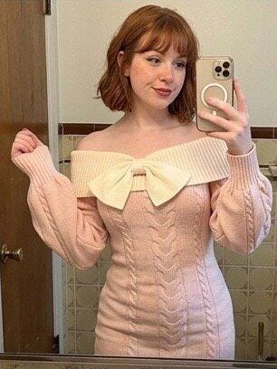 Customer photo review of Romantic Off-the-Shoulder Cable Knit Mini Dress