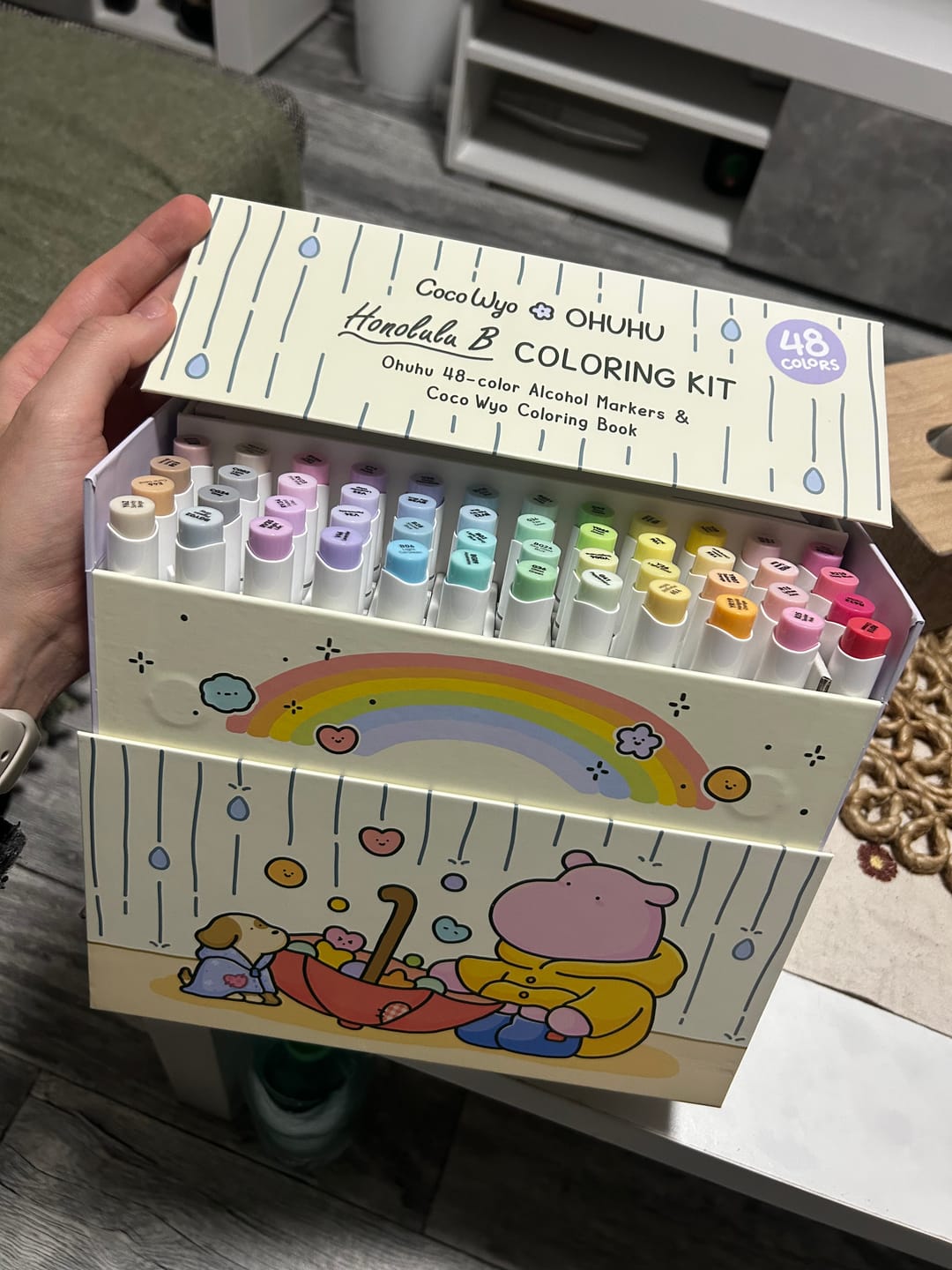 Customer photo review of Ohuhu x Coco Wyo Cozy Mood Coloring Kit, Honolulu B 48 Colors Alcohol Markers with Brush & Fine Dual Tips, Coloring Book with Mood Tracker Pages