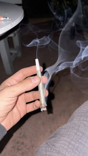 Reviewer's hand holding a lit, smoking THC-A Pre-Roll Cali Blend cone.
