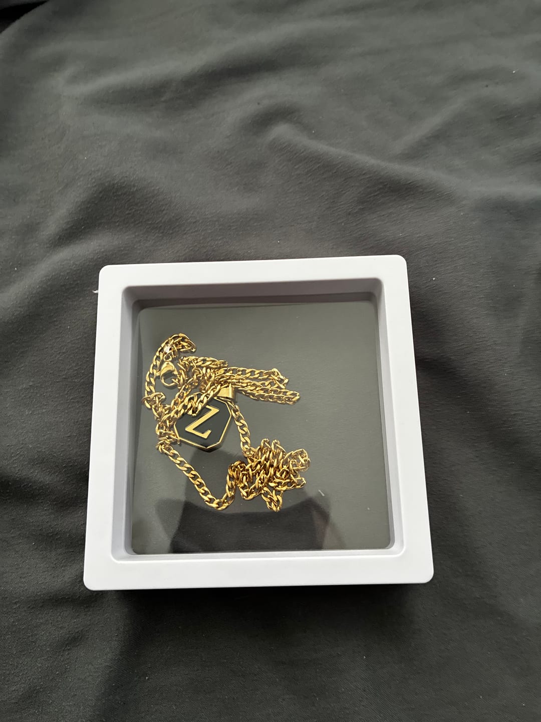 Customer photo review of Men's Onyx Initial Pendant Necklace w/ Cuban Chain